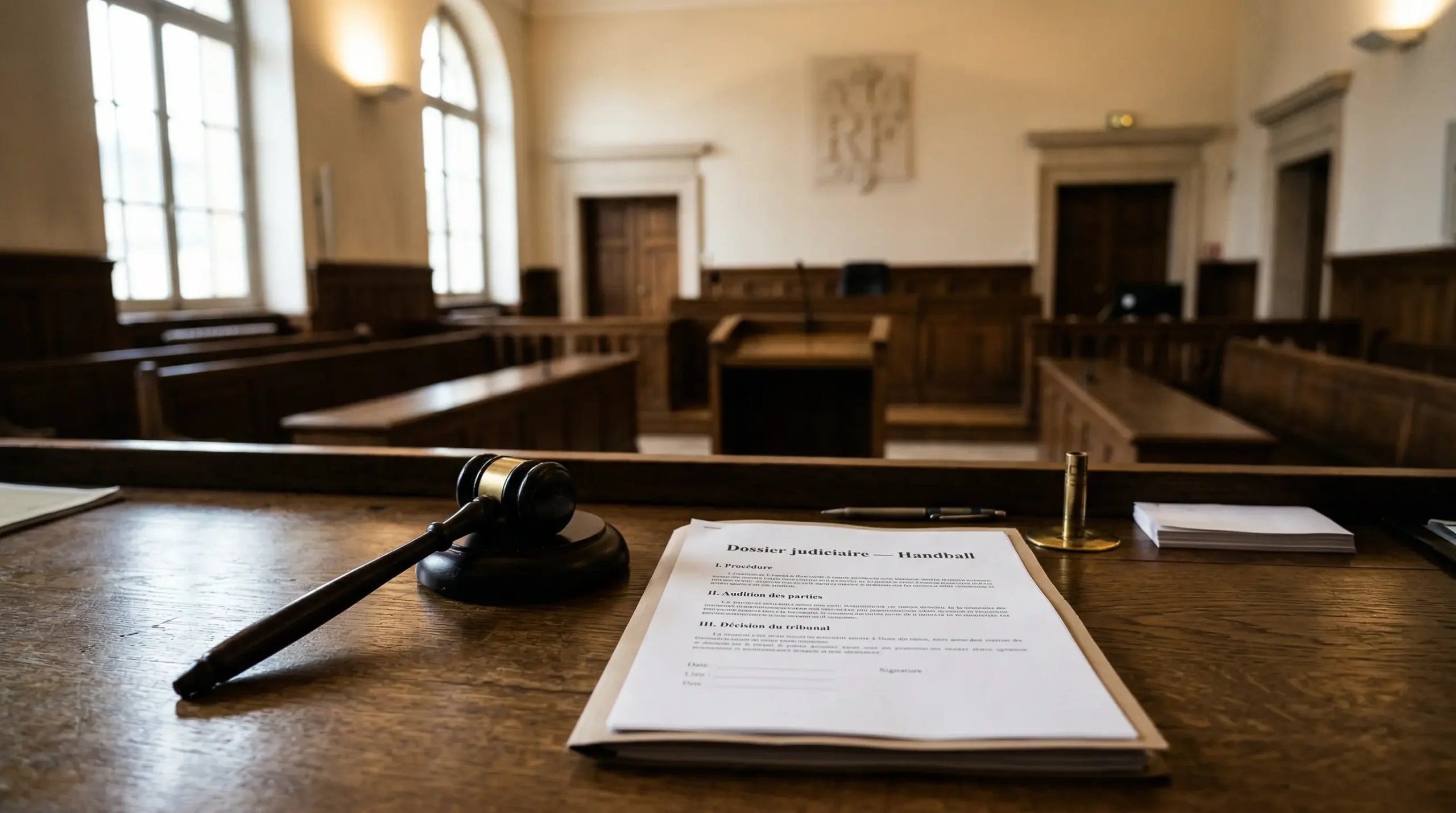 Salle d'audience de tribunal avec documents et marteau de juge symbolisant le scandale des paris truqués