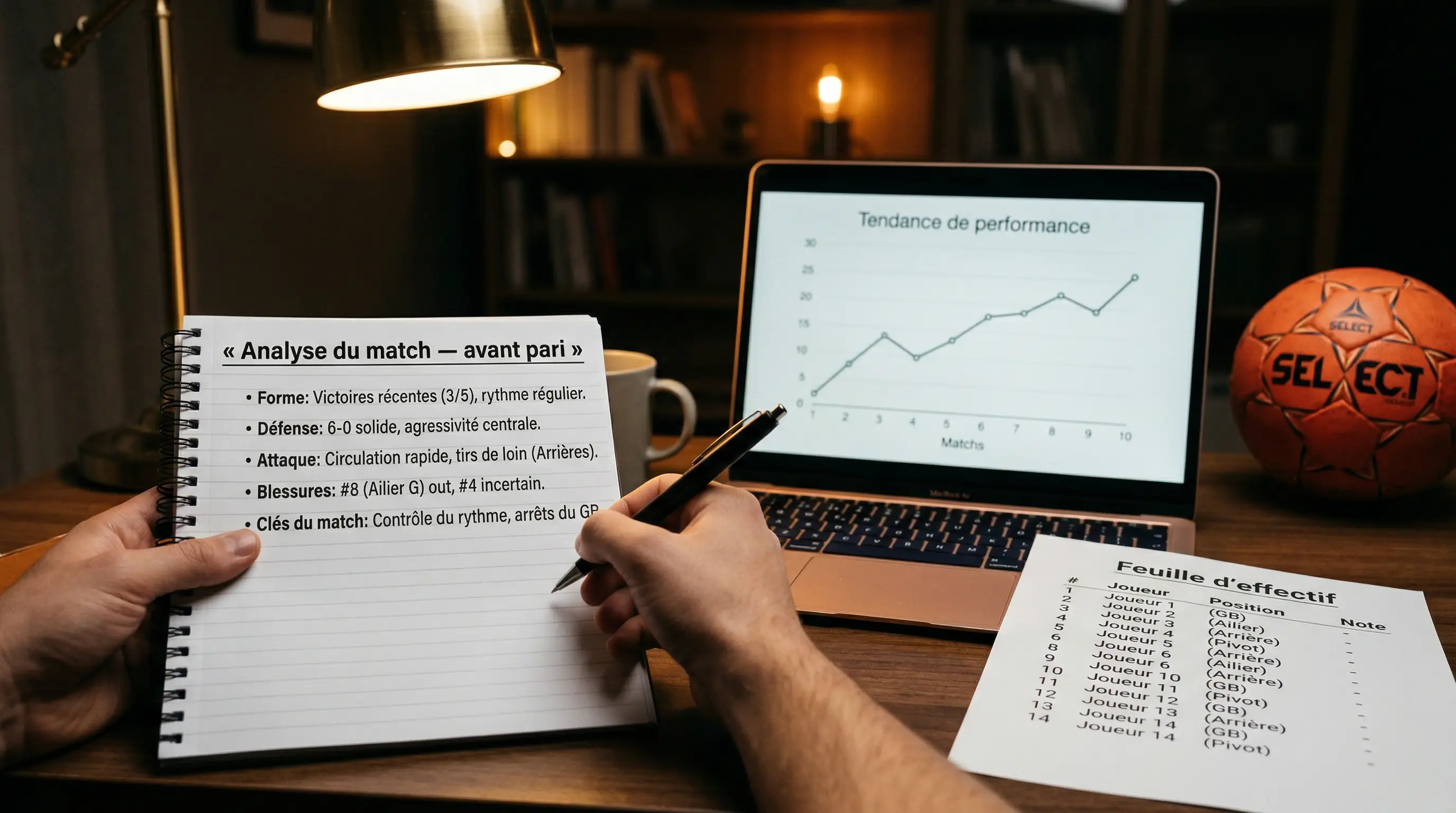 Analyste préparant une fiche de match handball avec statistiques et composition d'équipe