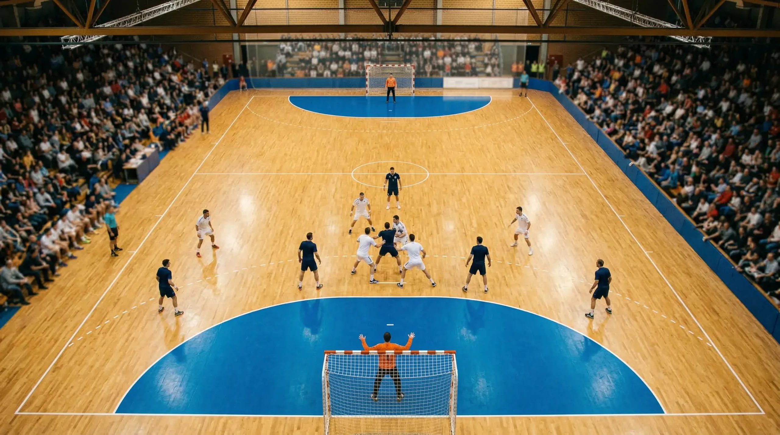 Vue plongeante sur un terrain de handball pendant un match avec les joueurs en position défensive