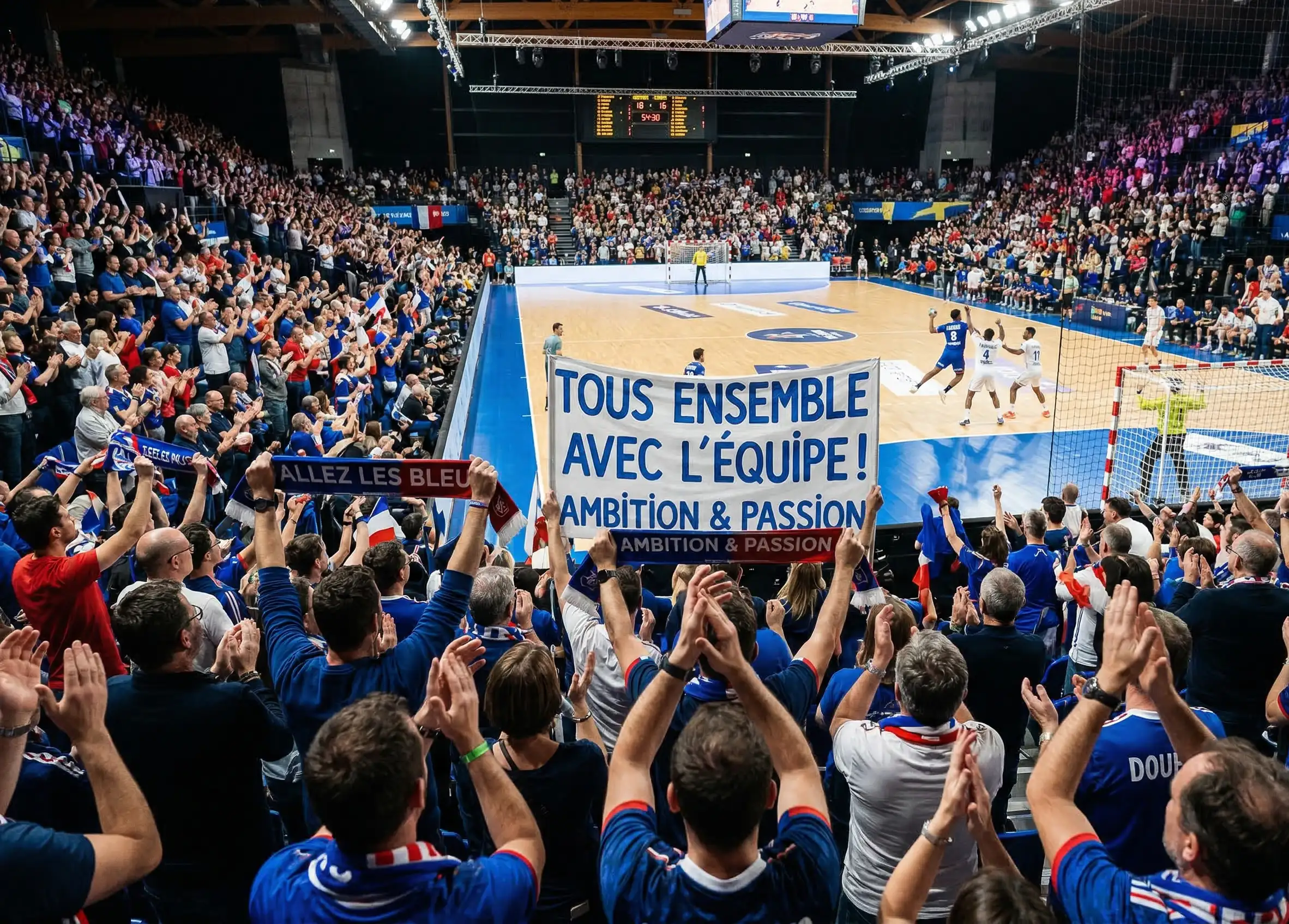 Public enthousiaste encourageant l'équipe locale lors d'un match de handball en salle