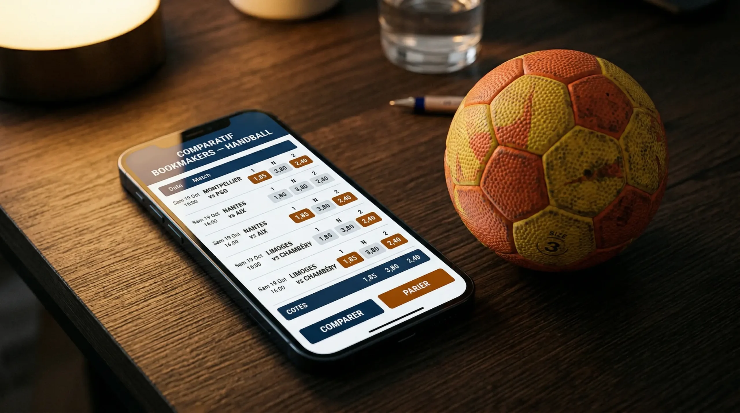 Écran de smartphone affichant des cotes de handball posé à côté d'un ballon de handball sur un bureau