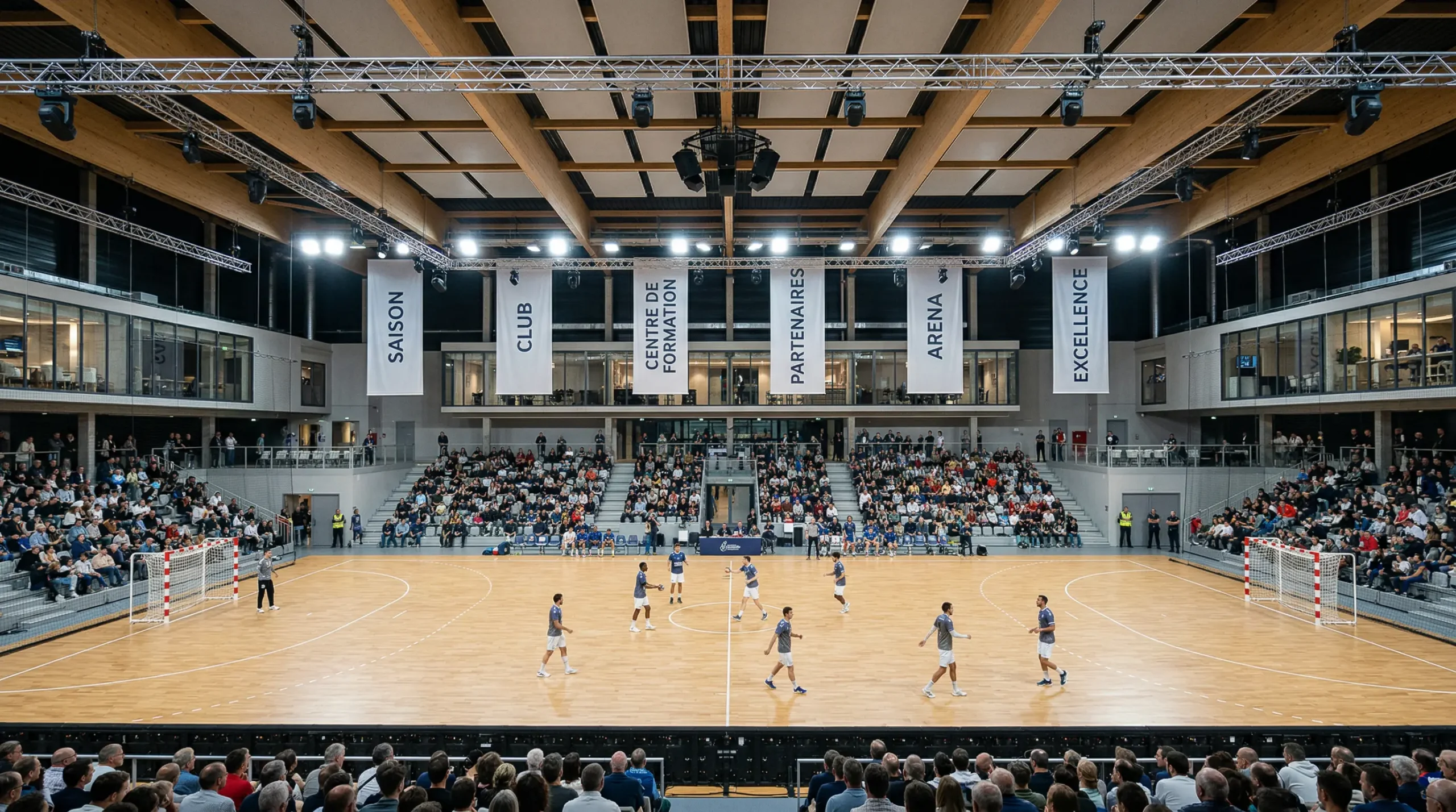 Salle de handball de Starligue vue panoramique montrant les installations professionnelles d'un grand club