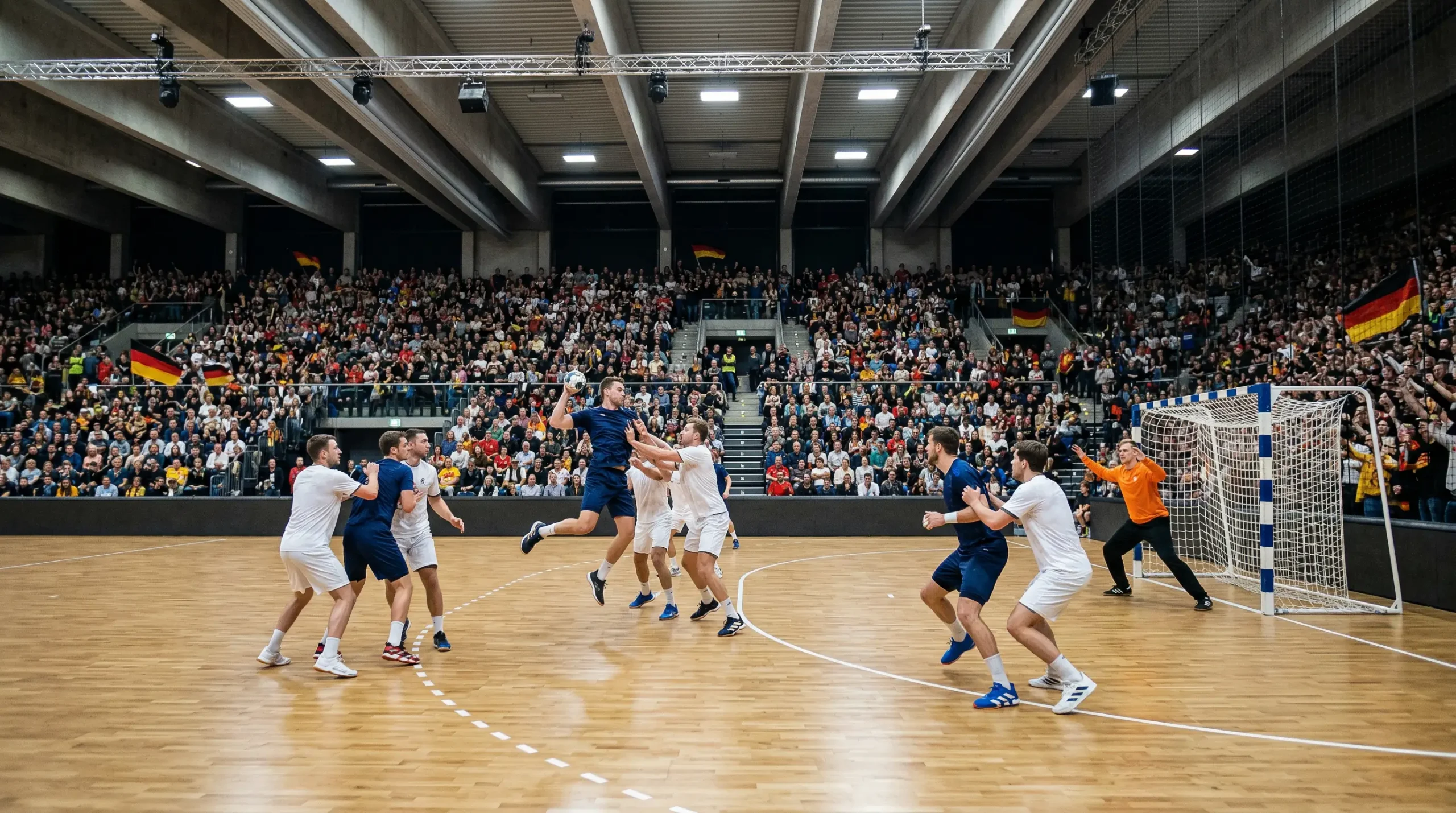 Match de Bundesliga de handball dans une grande salle allemande avec public nombreux