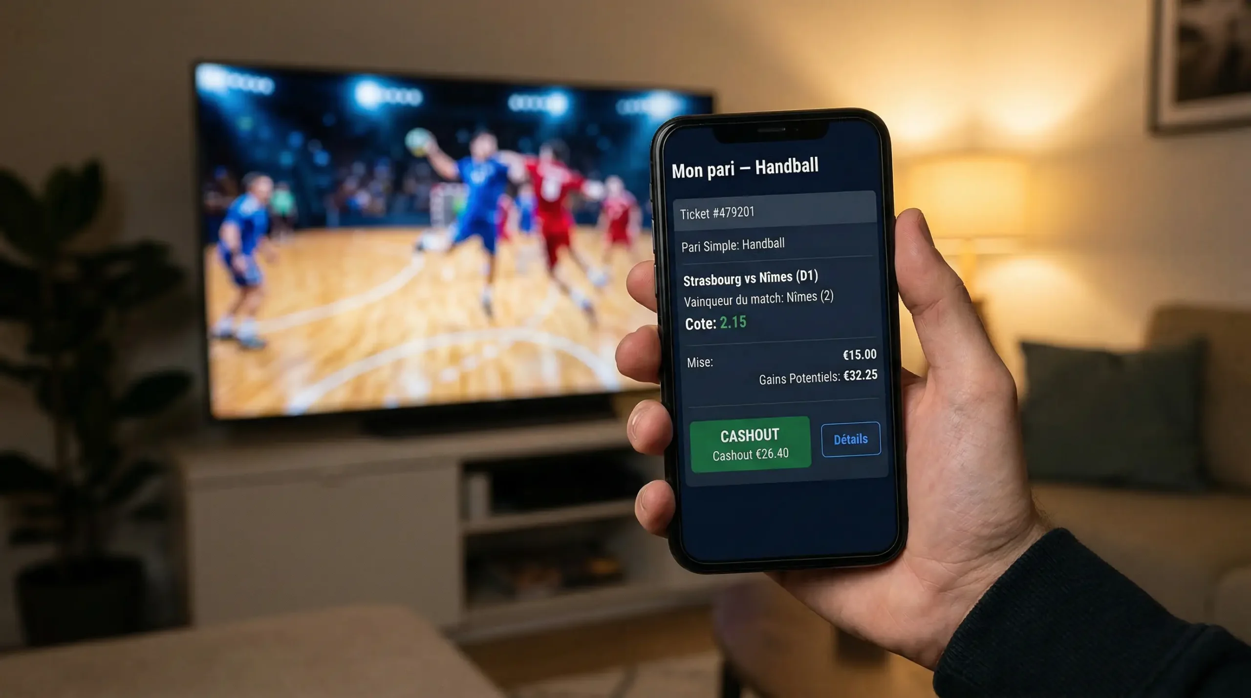 Écran de smartphone affichant l'option cashout sur un pari handball en cours
