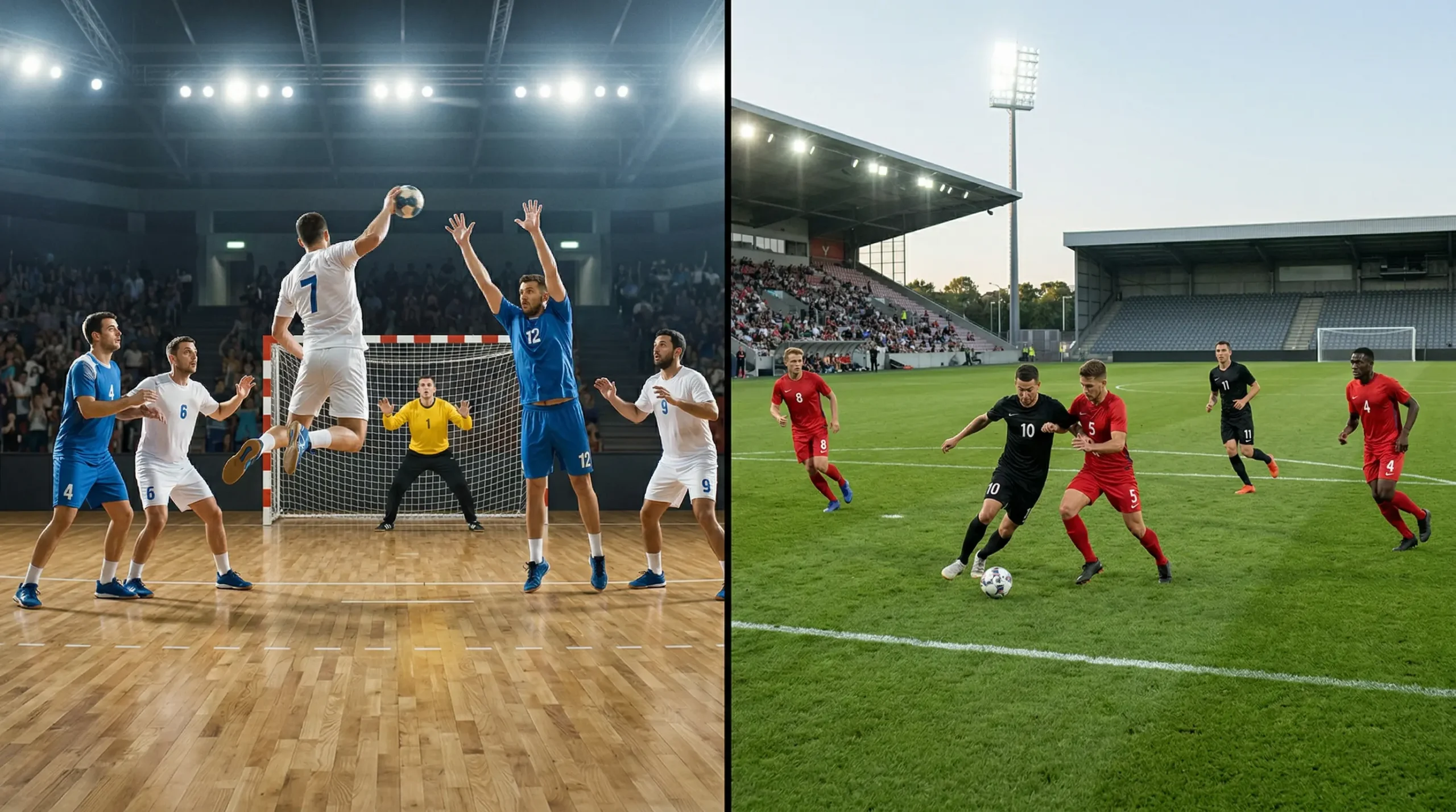 Terrain de handball et terrain de football côte à côte illustrant la comparaison entre les deux sports
