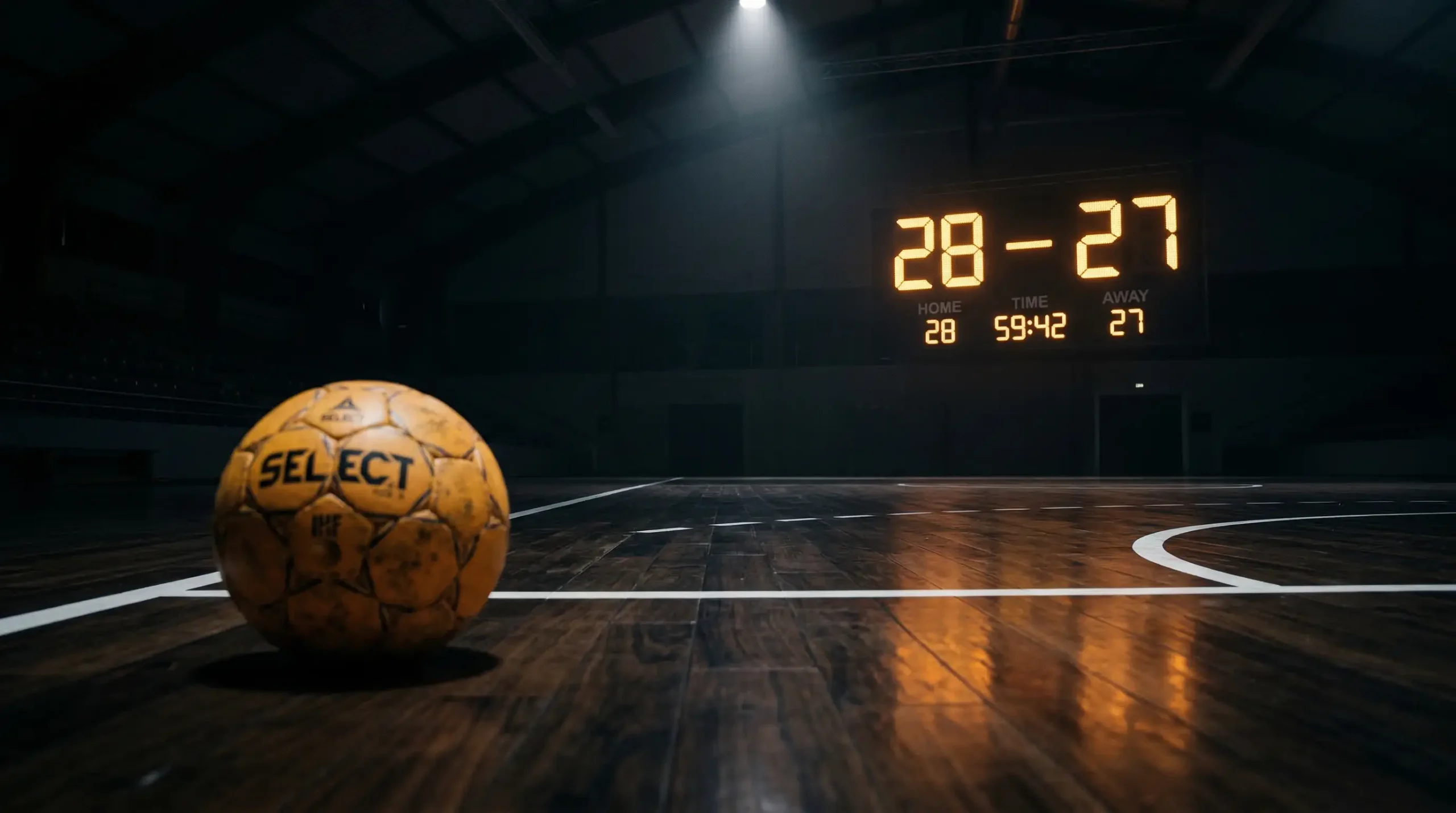 Tableau de cotes handball sur un écran avec un ballon de handball posé sur un parquet de salle de sport