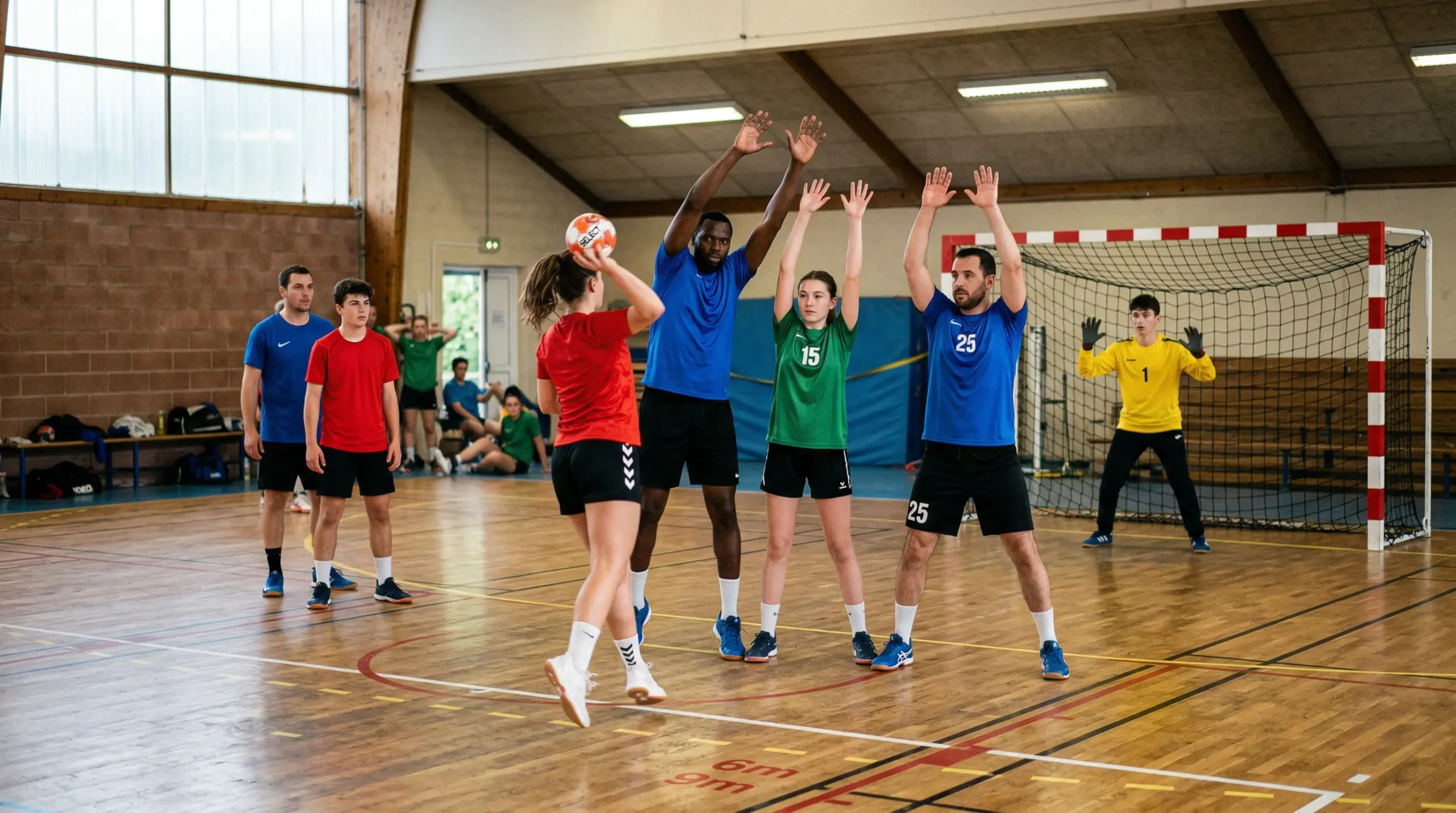 Entraînement de handball dans un gymnase français avec des joueurs licenciés de tous âges