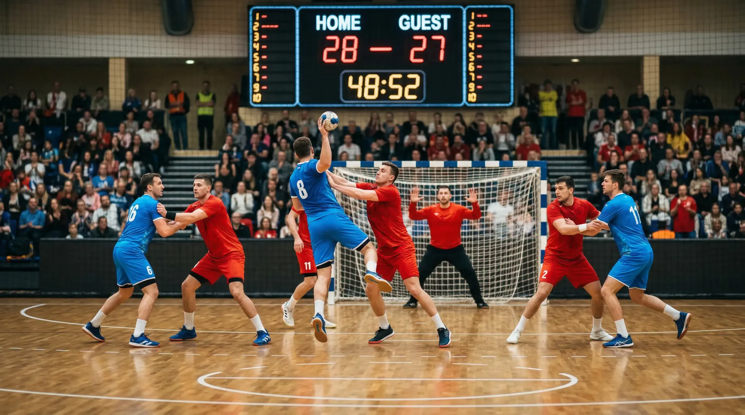 Match de handball en direct avec tableau de scores lumineux dans une salle de sport