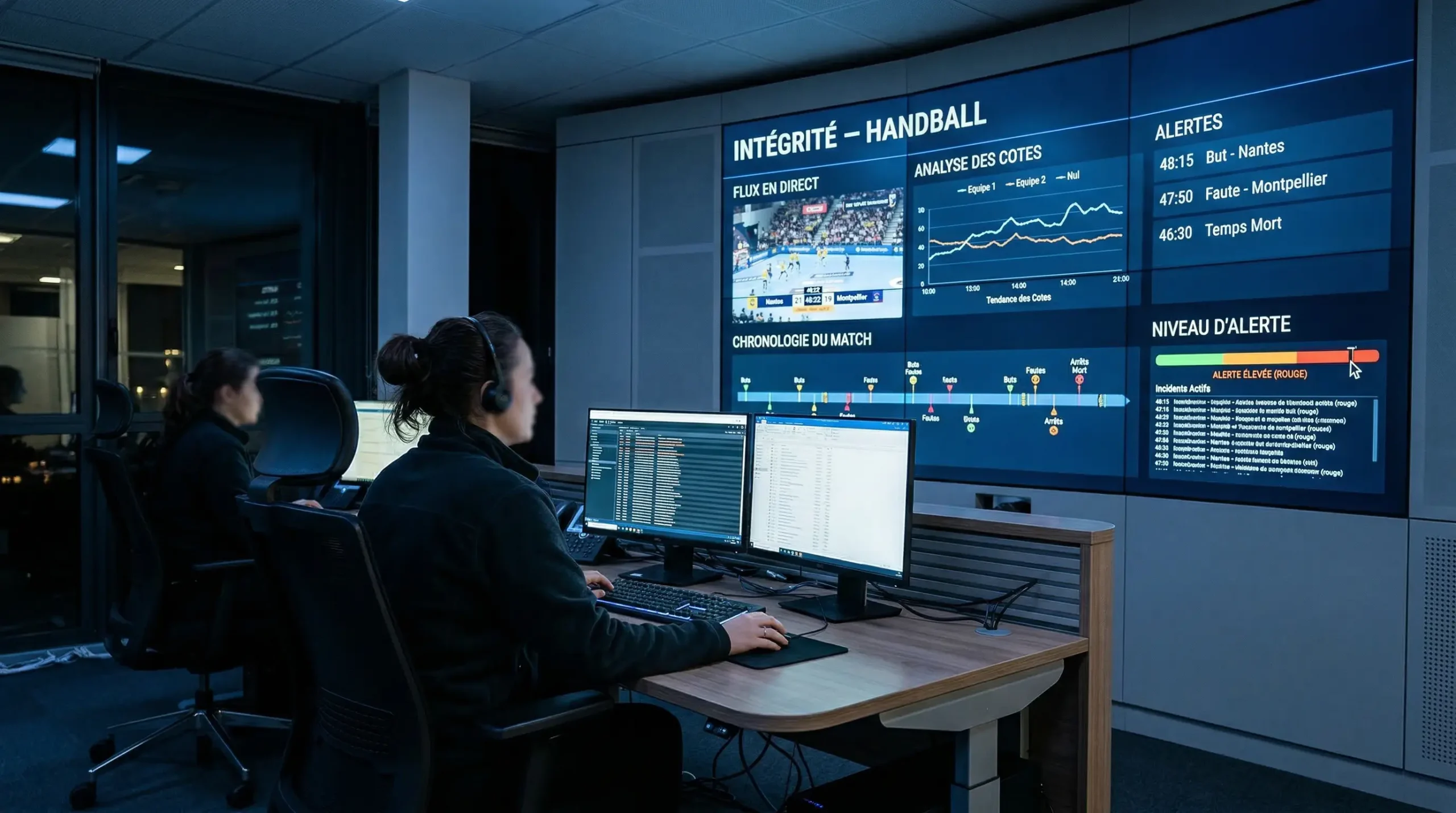 Centre de surveillance de l'intégrité sportive avec écrans de monitoring de matchs en direct
