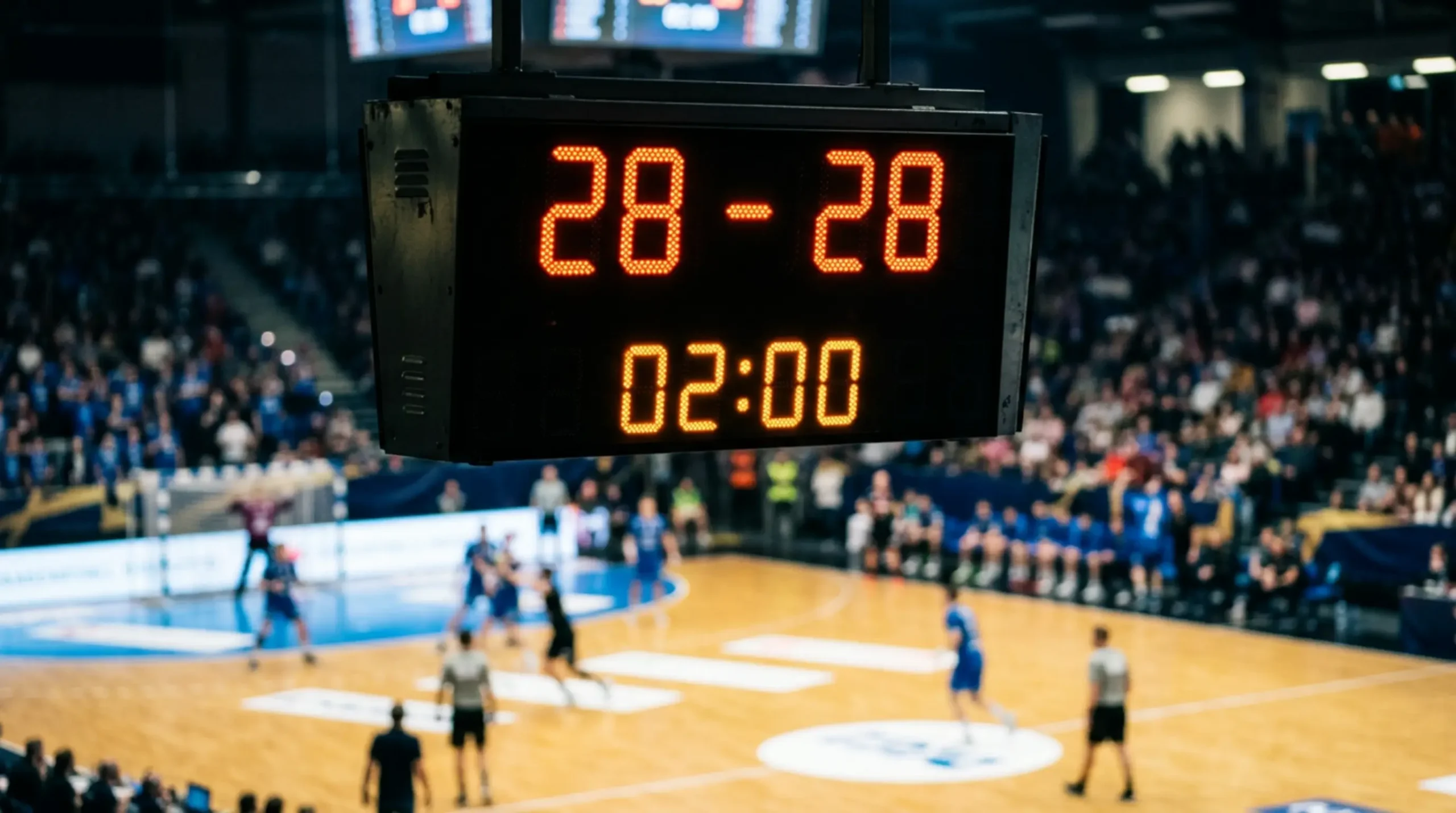 Tableau d'affichage de handball montrant un score à égalité dans les dernières minutes du match