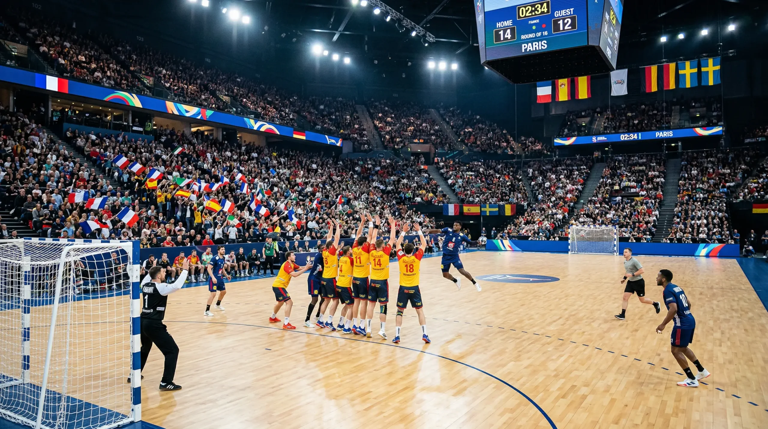 Match de handball lors des Championnats du Monde avec drapeaux de nations
