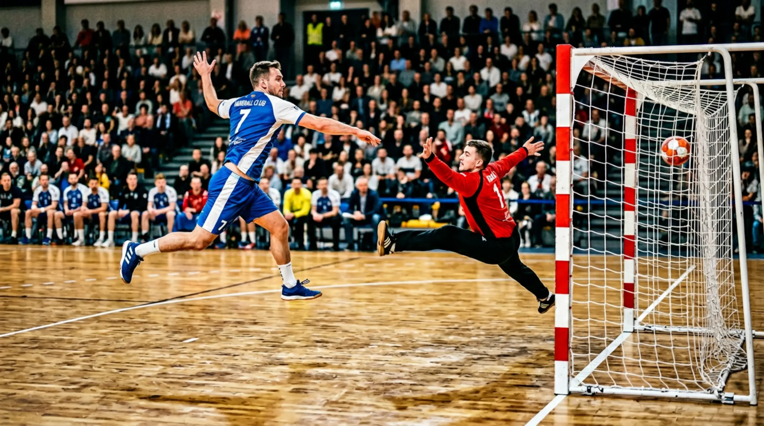 Joueur de handball marquant un but en sautant au-dessus de la défense adverse