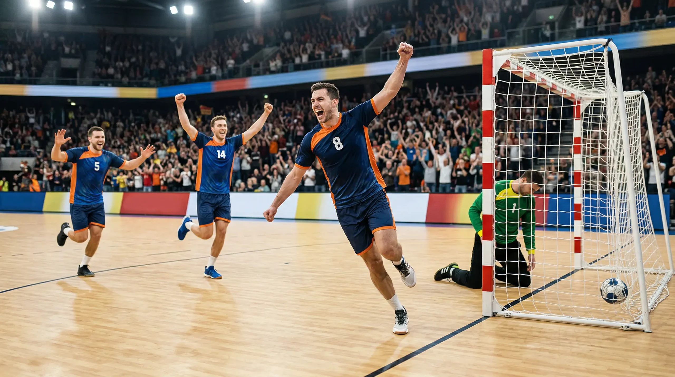 Arrière de handball célébrant un but marqué avec ses coéquipiers
