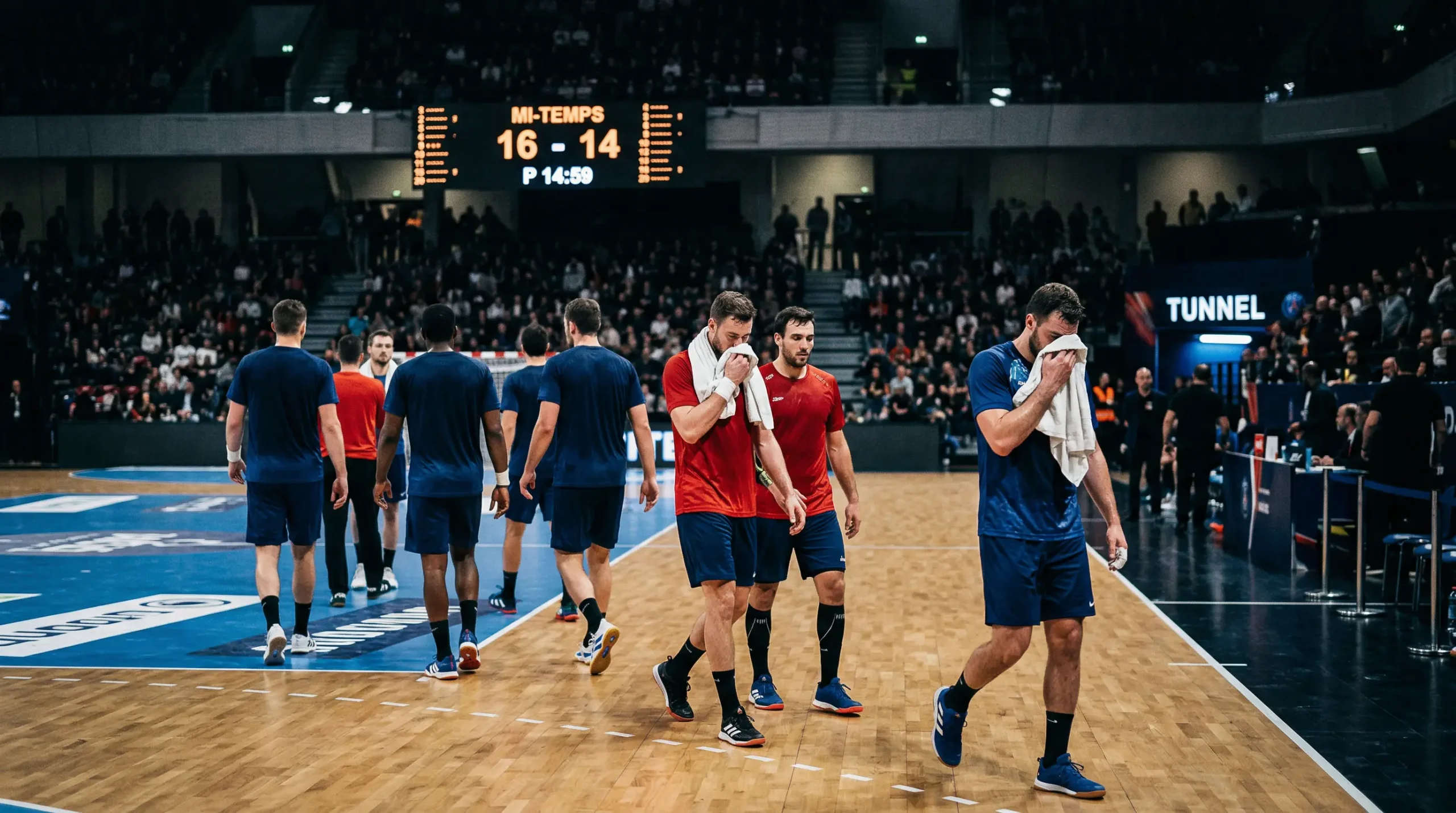 Équipes de handball regagnant les vestiaires à la mi-temps d'un match