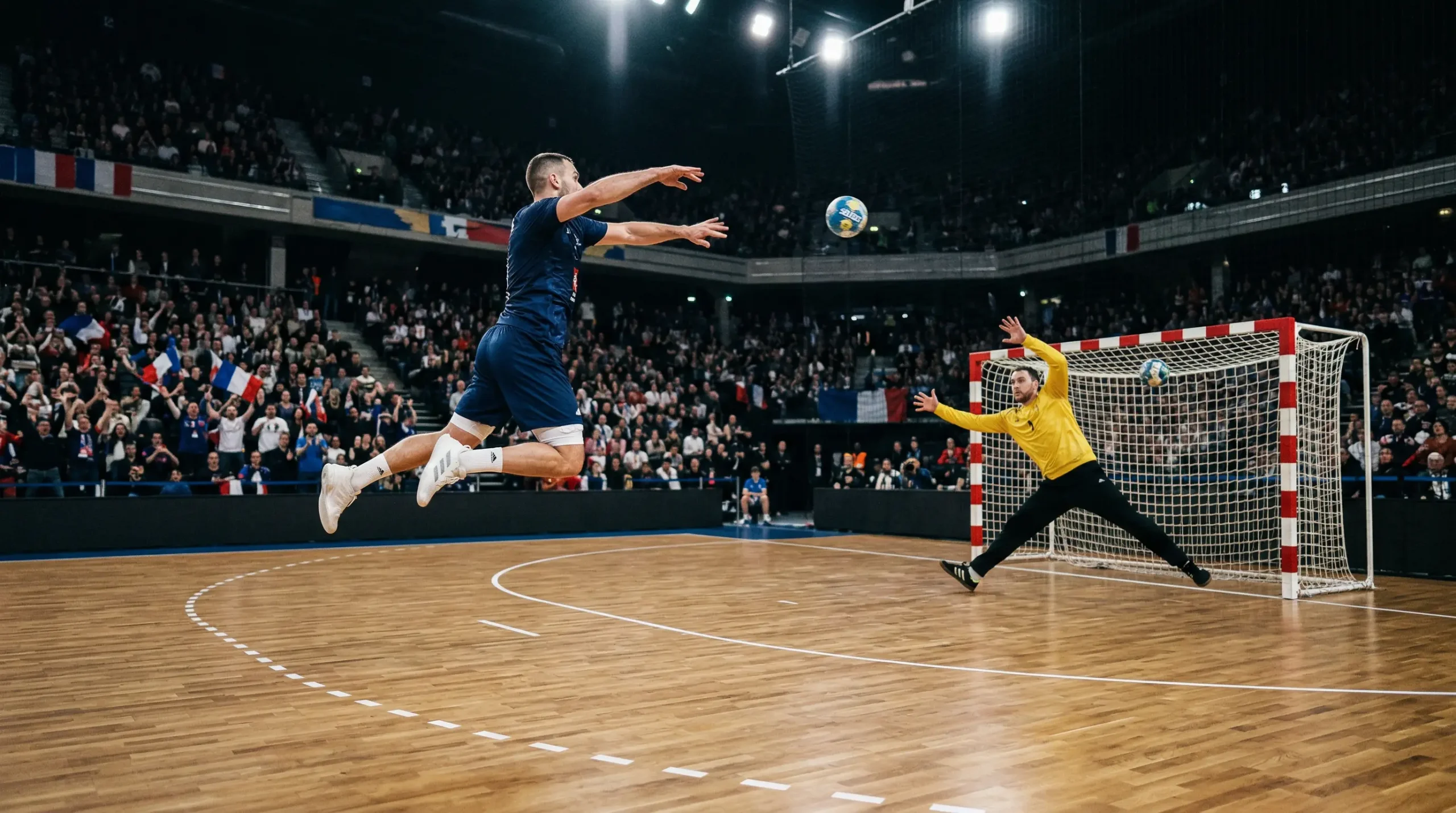 Joueurs de handball en action lors d'un match de Starligue dans une salle française