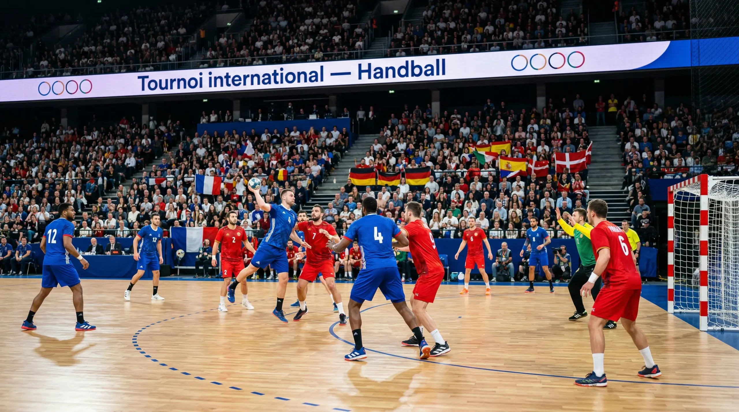 Match de handball olympique dans une arène avec les anneaux olympiques visibles