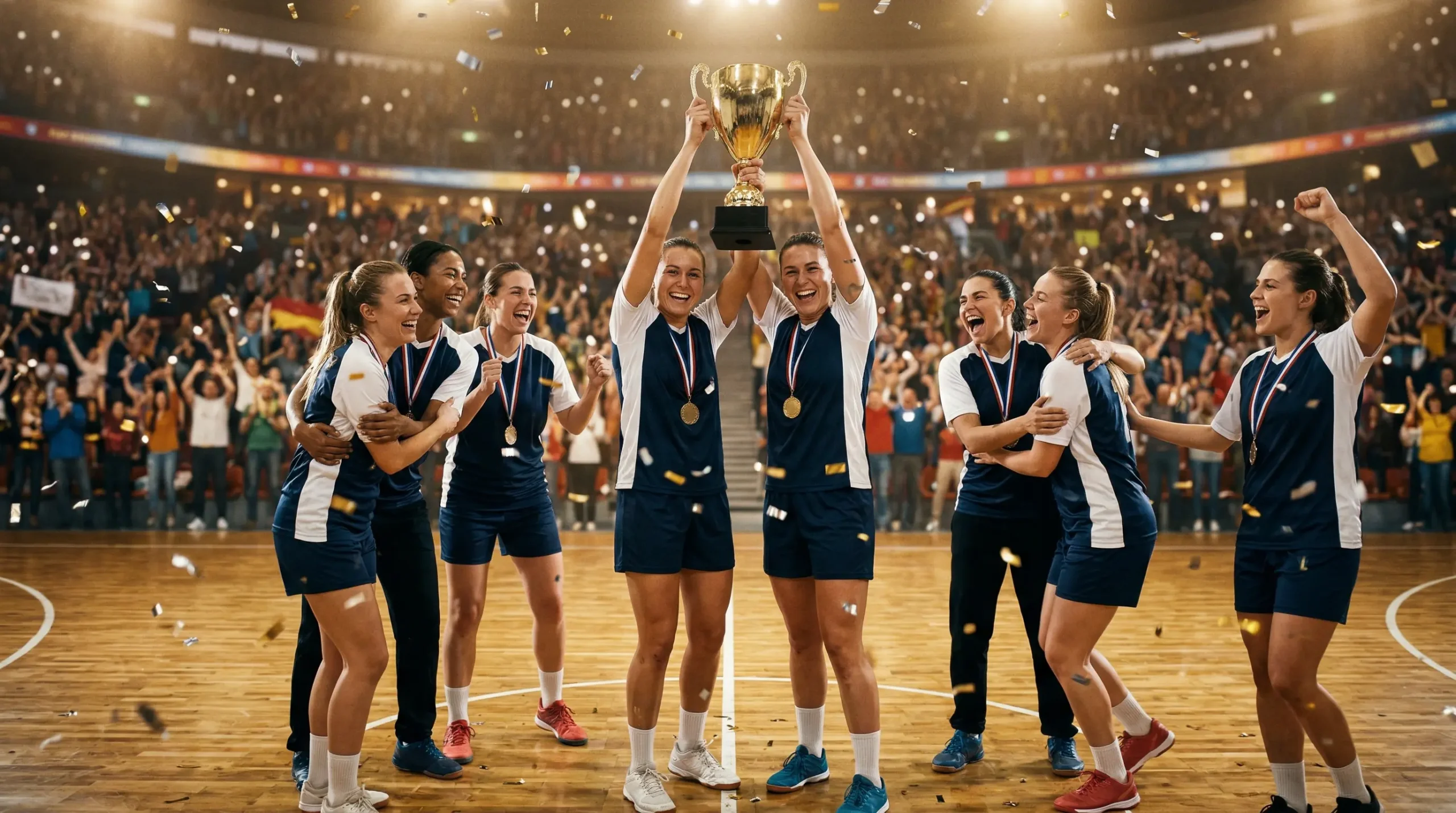 Équipe de handball soulevant un trophée de champion en fin de saison