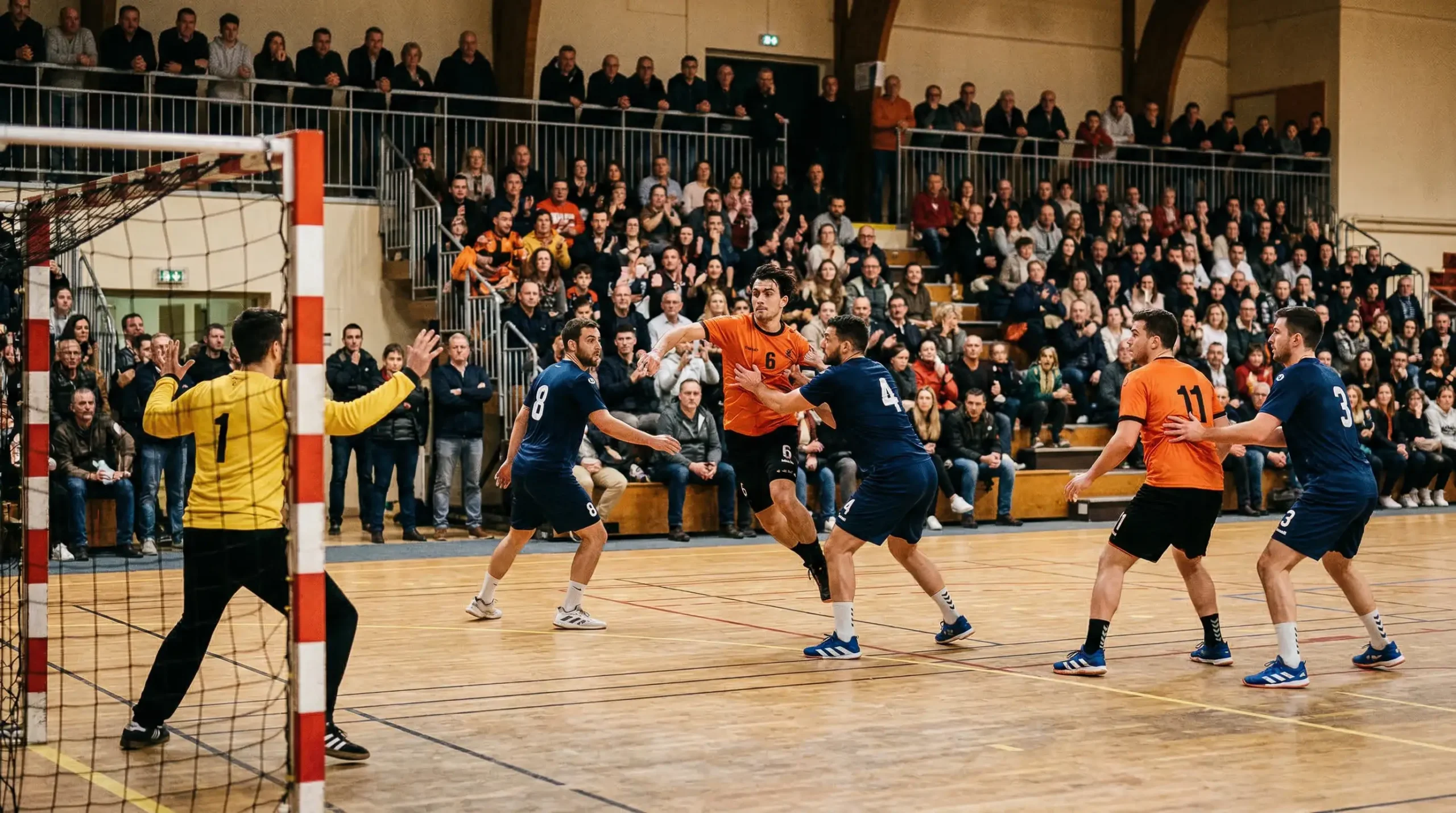Match de Proligue de handball dans une petite salle de sport française