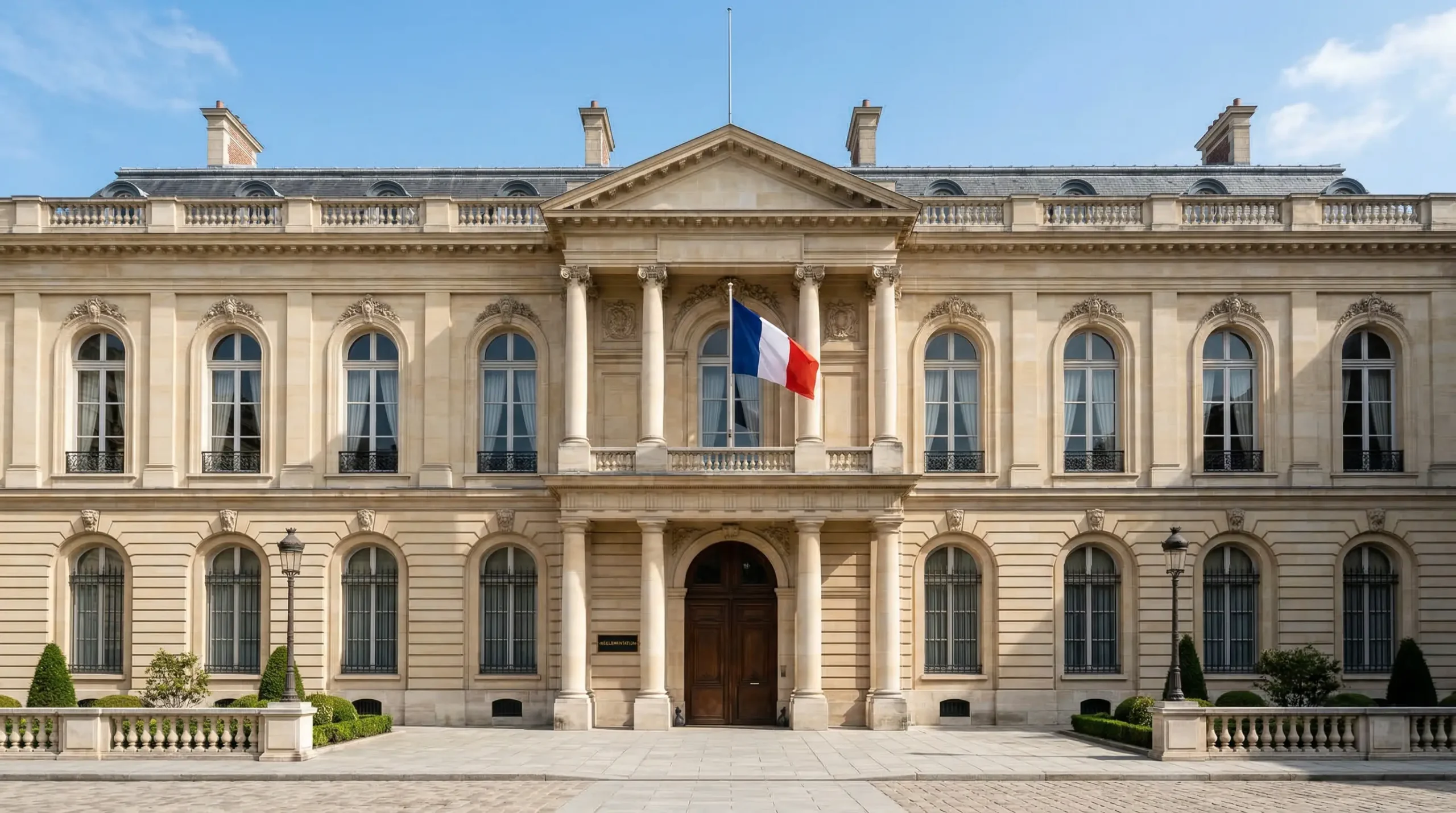 Bâtiment officiel français symbolisant la réglementation des paris sportifs avec drapeau tricolore