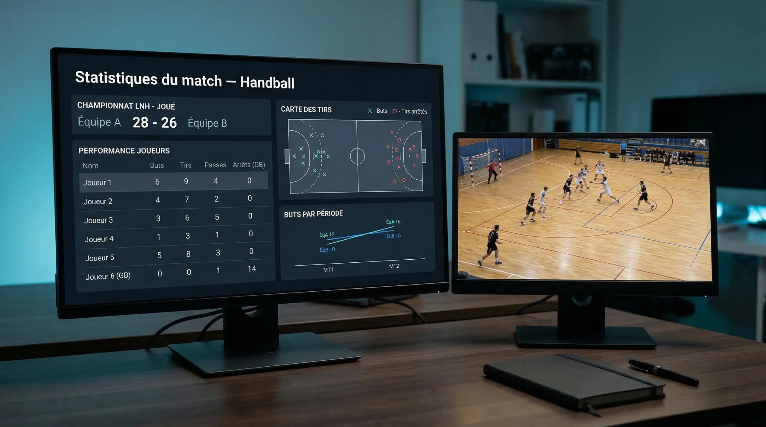 Écran d'ordinateur affichant des statistiques détaillées de matchs de handball