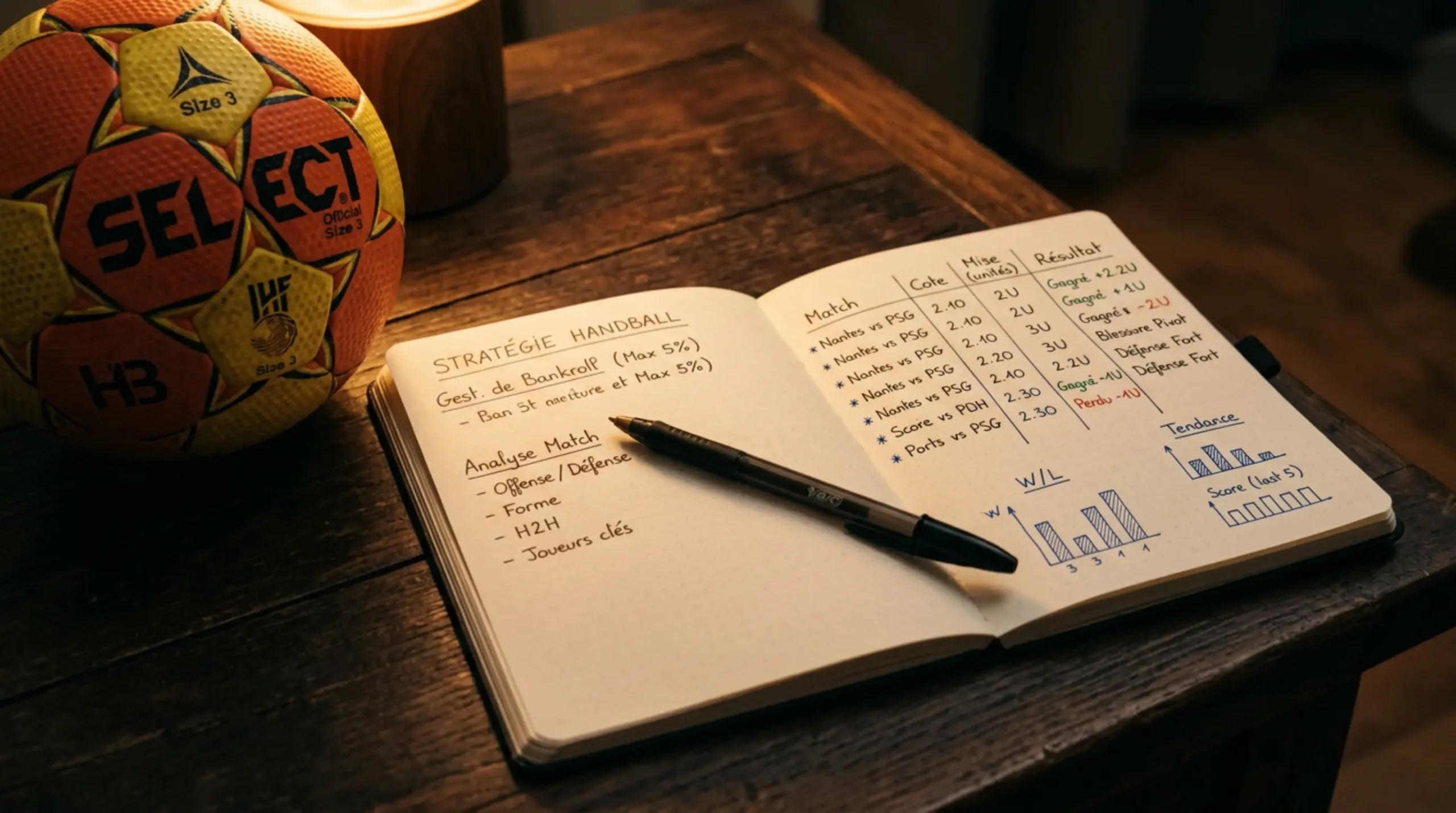 Carnet de notes ouvert avec des statistiques de handball écrites à la main posé sur une table à côté d'un ballon de handball