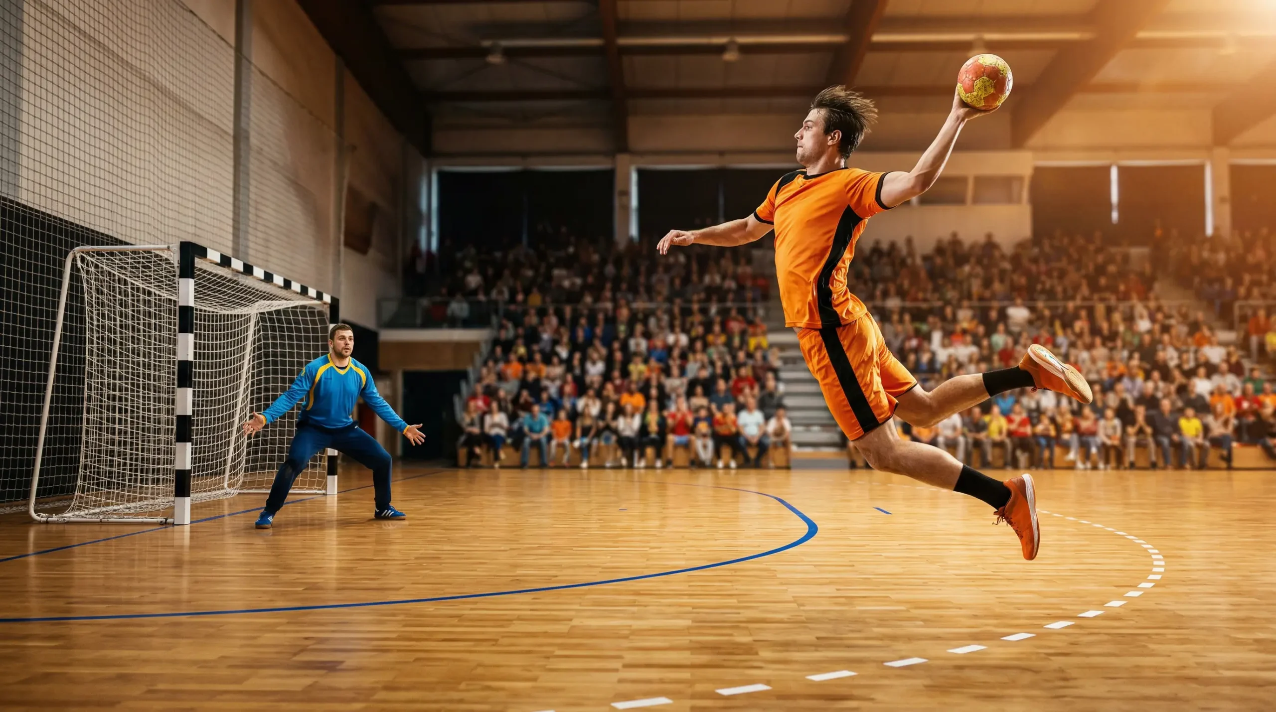 Joueur de handball en plein tir au but dans une salle avec des spectateurs en arrière-plan